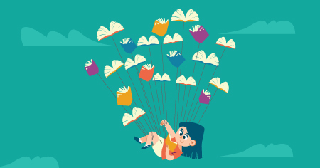 criança suspensa por livros como se fossem balões