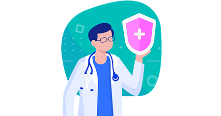 Médico em ilustração  segurando um escudo rosa com uma cruz branca no centro